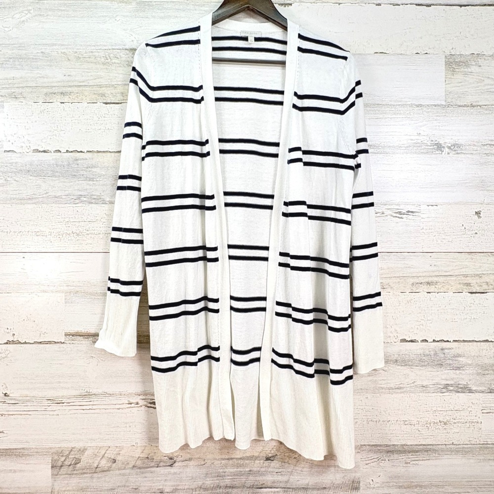 Talbots Medium White Navy Blue Striped Open Front Cardigan Sweater‎ Longline